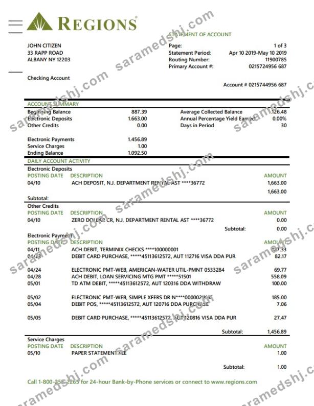 USA Regions bank proof of address statement template in Word and PDF format